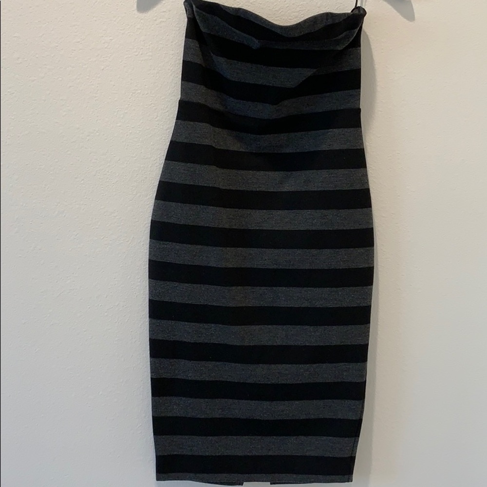 Express black and gray strapless midi dress